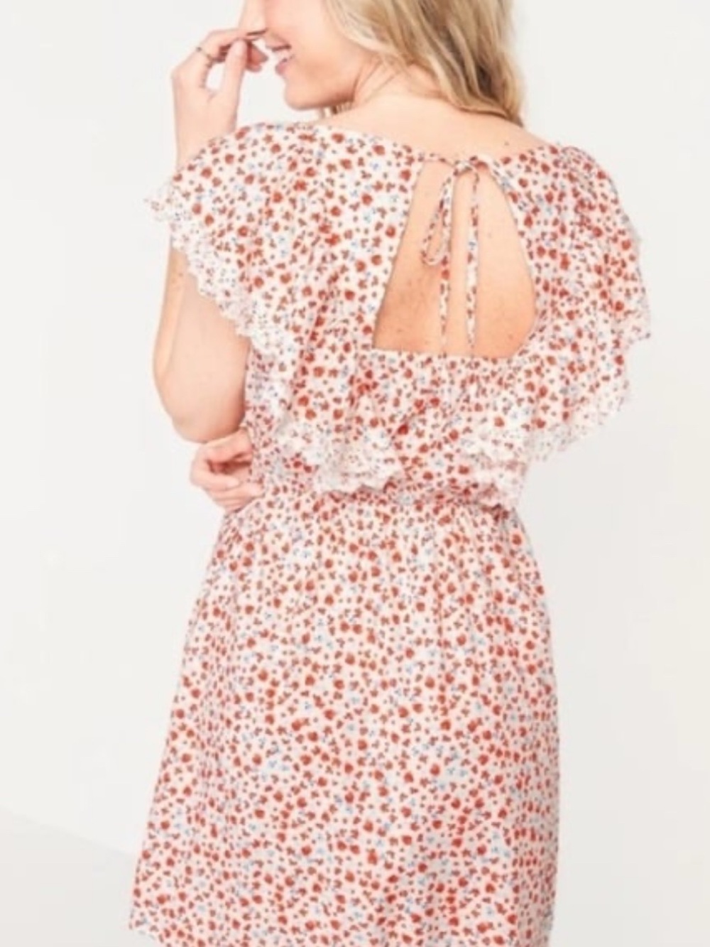 Old Navy White Red Floral Prairie Flutter Sleeve Tie Back Mini Dress Size 2X - Picture 2 of 9